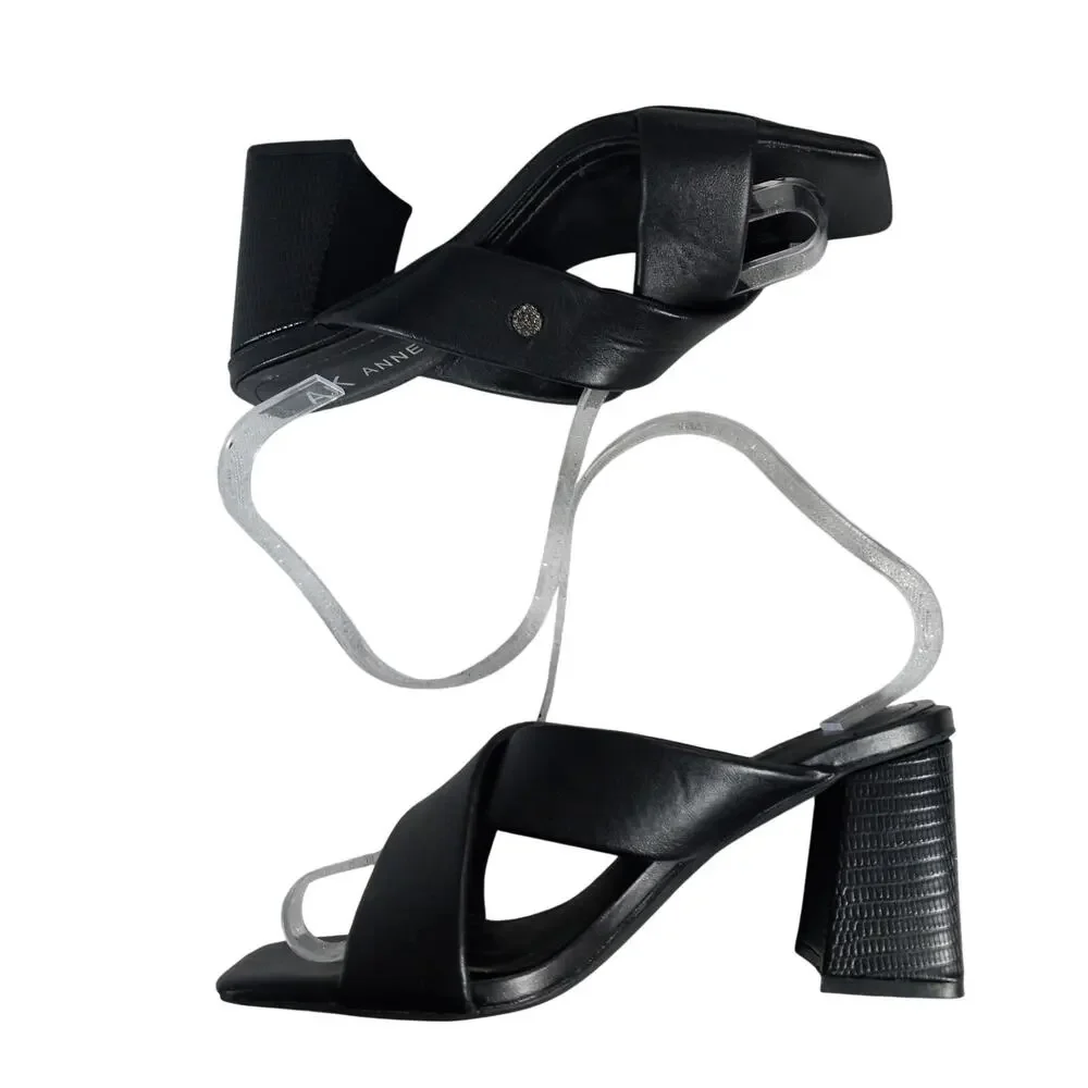 ANNE KLEIN! BLACK VEGAN LEATHER CRISS CROSS STRAP CHUNKY HEELS, SANDALS! 6.5M